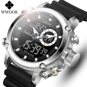 Relógio Masculino Digital e Analógico WWOOR 8882WW-b - Pulseira de silicone - A prova d'água