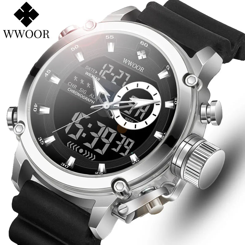 Relógio Masculino Digital e Analógico WWOOR 8882WW-b - Pulseira de silicone - A prova d'água