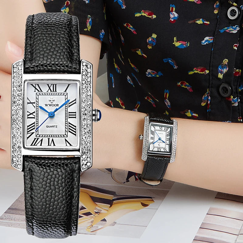 Relógio Feminino WWOOR 8806-b - Couro legítimo - A prova d'água