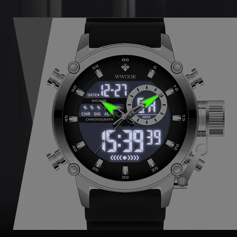 Relógio Masculino Digital e Analógico WWOOR 8882WW-b - Pulseira de silicone - A prova d'água