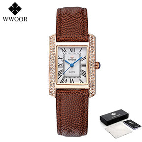 Relógio Feminino WWOOR 8806-b - Couro legítimo - A prova d'água