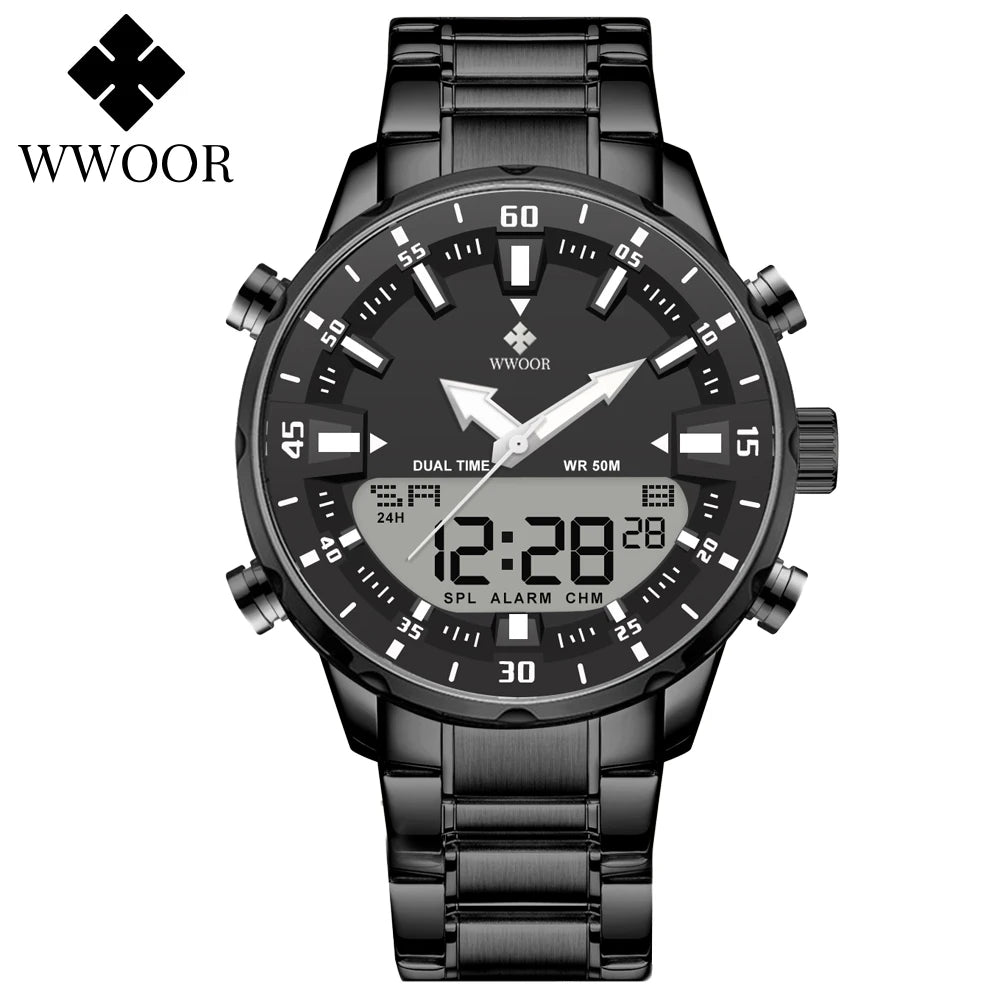 Relógio Masculino Analógico e Digital WWOOR 8890-b - Aço inoxidável - A prova d'água