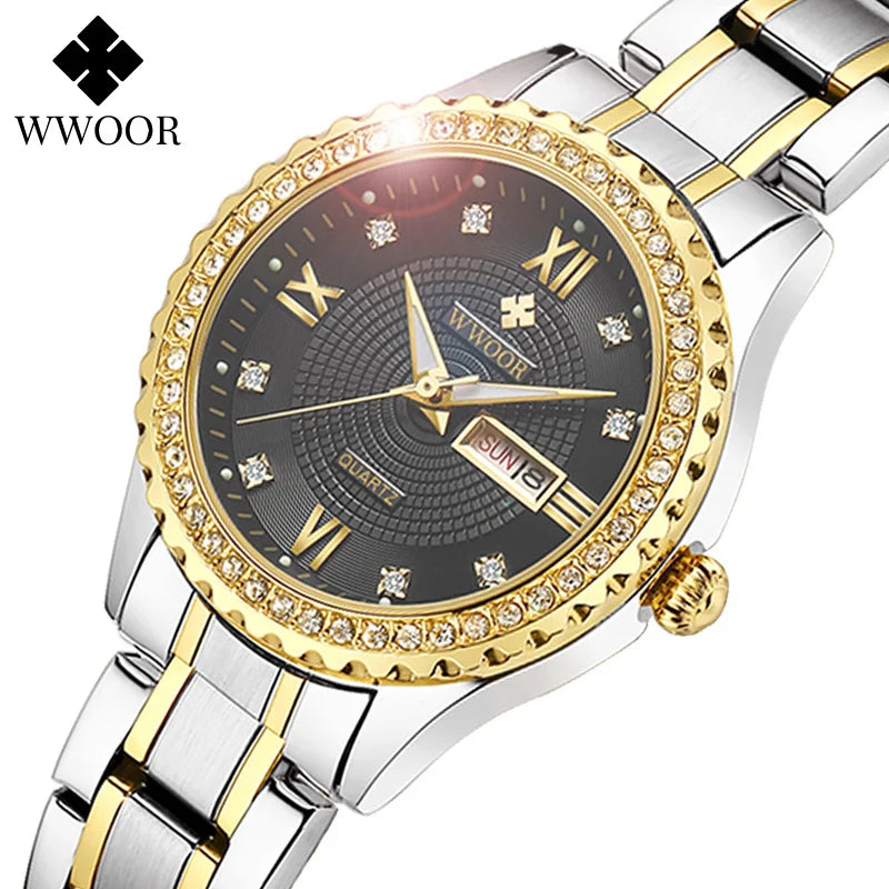 Relógio feminino Cravejado com Pedras WWOOR 8856L - A prova d'água