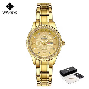 Relógio feminino Cravejado com Pedras WWOOR 8856L - A prova d'água