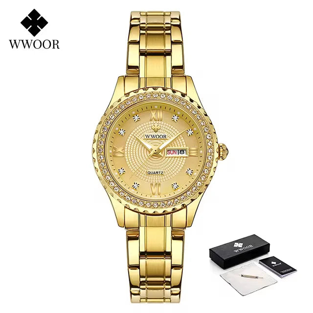 Relógio feminino Cravejado com Pedras WWOOR 8856L-b - A prova d'água