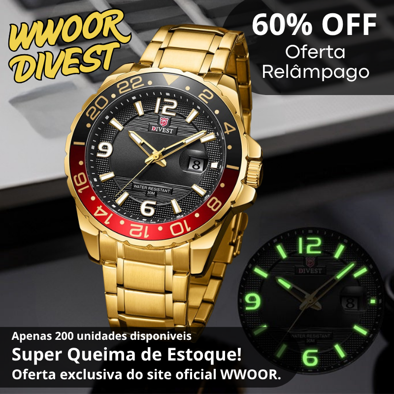 Relógio WWOOR DIVEST – Aço Inoxidável de Alta Qualidade - À Prova d’Água - 60% OFF.