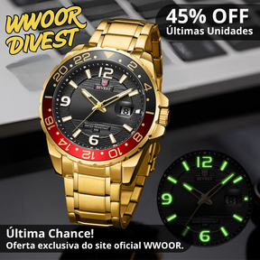 Último dia! - ÚLTIMAS UNIDADES - 45% OFF - Relógio WWOOR'DIVEST - Aço Inoxidável - À Prova D'água