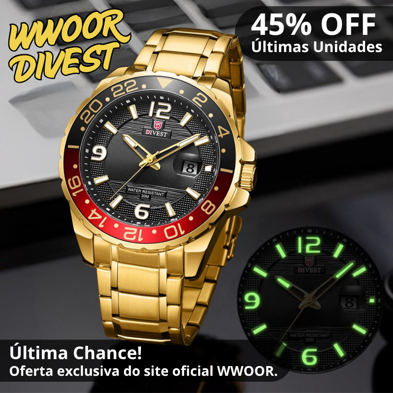Último dia! - ÚLTIMAS UNIDADES - 45% OFF - Relógio WWOOR'DIVEST - Aço Inoxidável - À Prova D'água