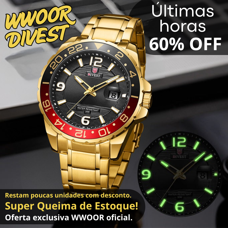 Último dia - 60% OFF - Relógio WWOOR'DIVEST - Aço Inoxidável - À Prova D'água.